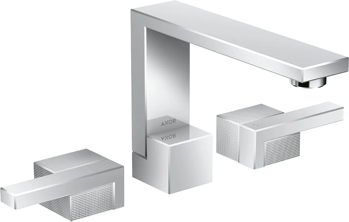 AXOR Edge 3 teshikli lavabo aralashtirgichi 130, push-open drenaj klapani - diamond cut bilan