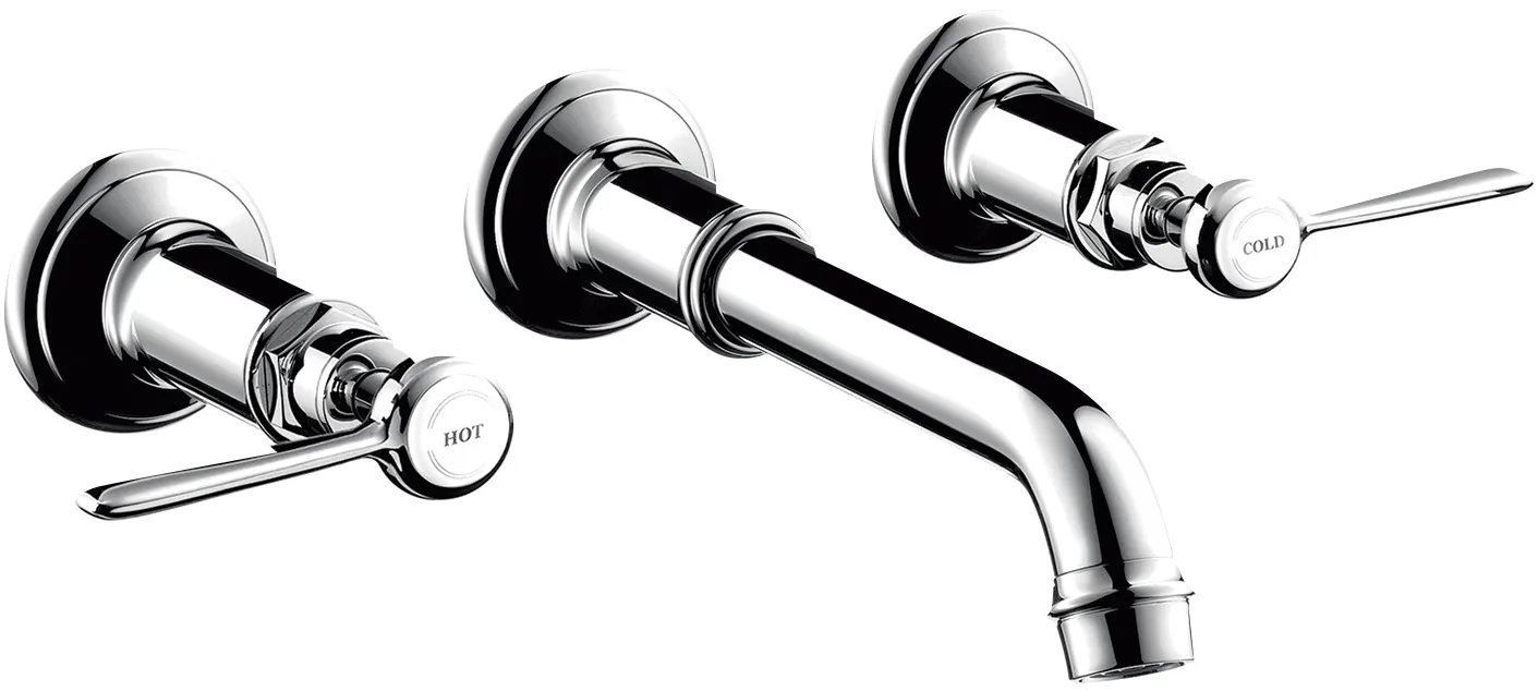 AXOR Montreux 3 teshikli lavabo aralashtirgichi, yashirin montaj, devorga uchun, joʻmrak 165 - 225 mm va richagli dastalar bilan