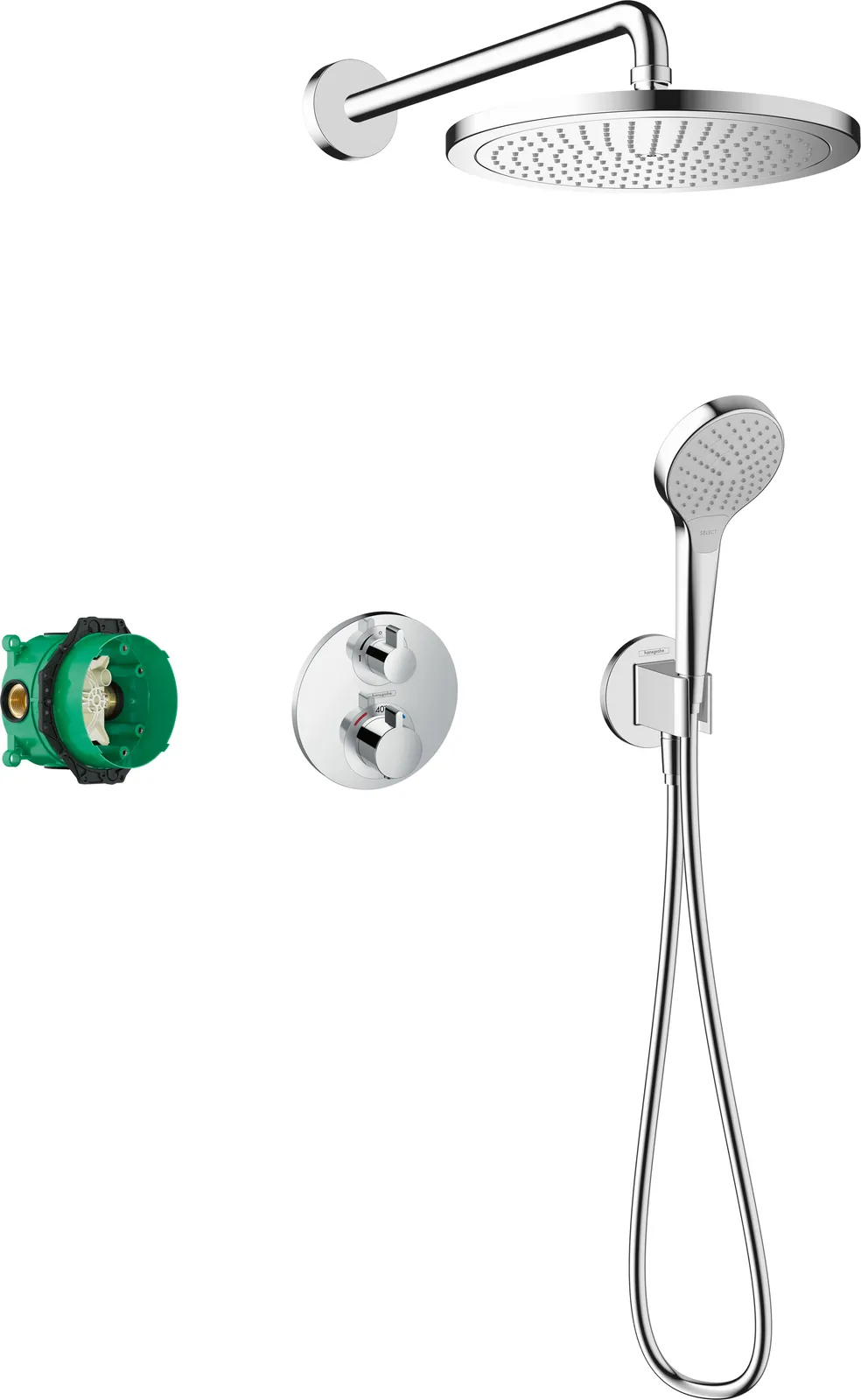 Croma Dizayner dush toʻplami 280 1jet, termostat Ecostat S bilan, yashirin qism (asosiy toʻplam) va qoʻl dushi 110 Vario