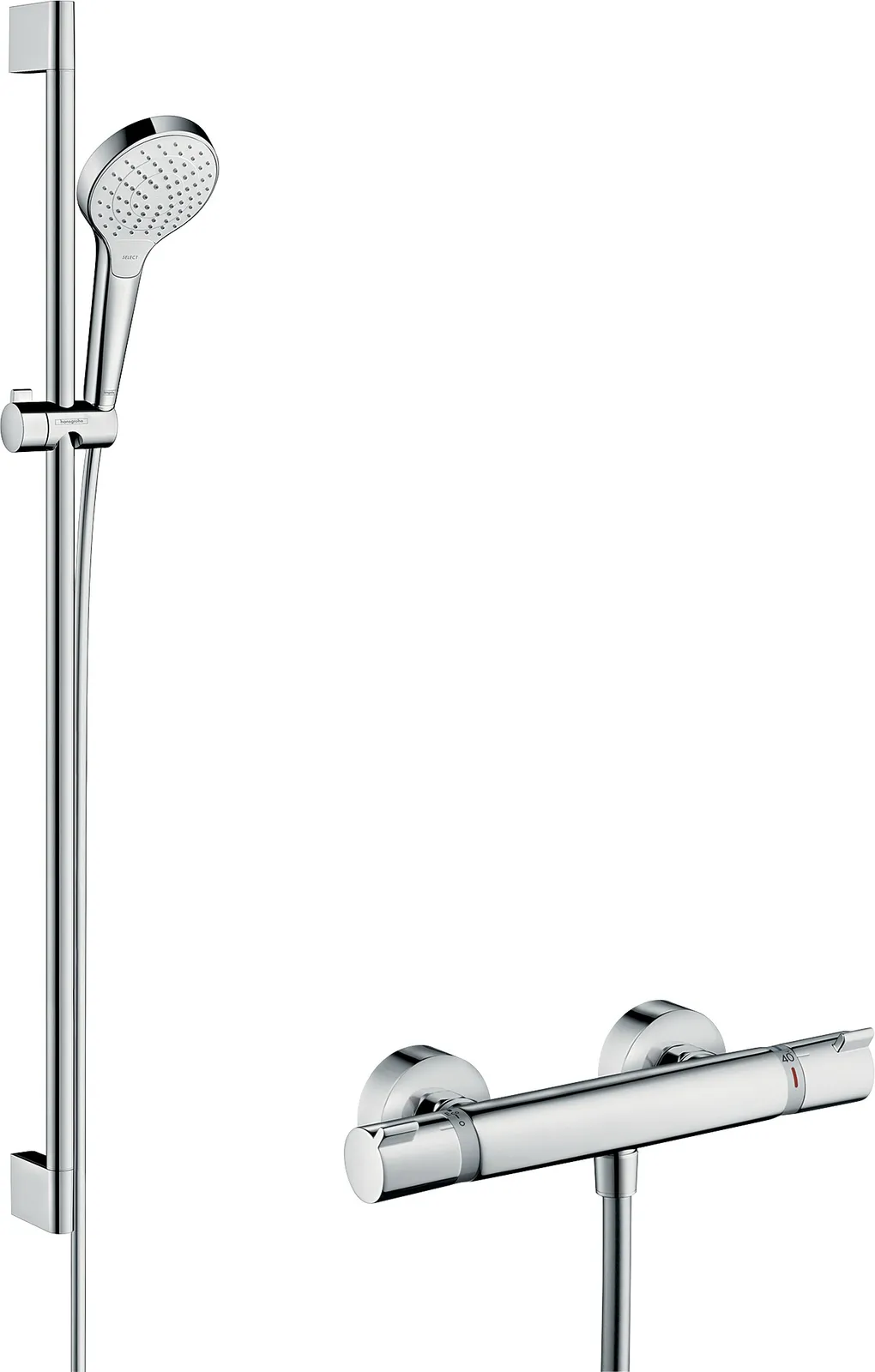 Croma Select S Dush tizimi, ochiq montaj Vario uchun, Ecostat Comfort termostati va dush shtangasi 90 sm bilan