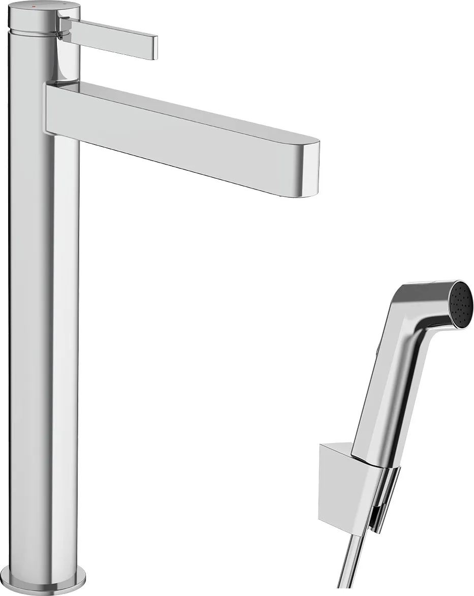 Finoris Bir dastali lavabo aralashtirgichi 260, gigiyenik dush va dush shlangi 160 sm bilan