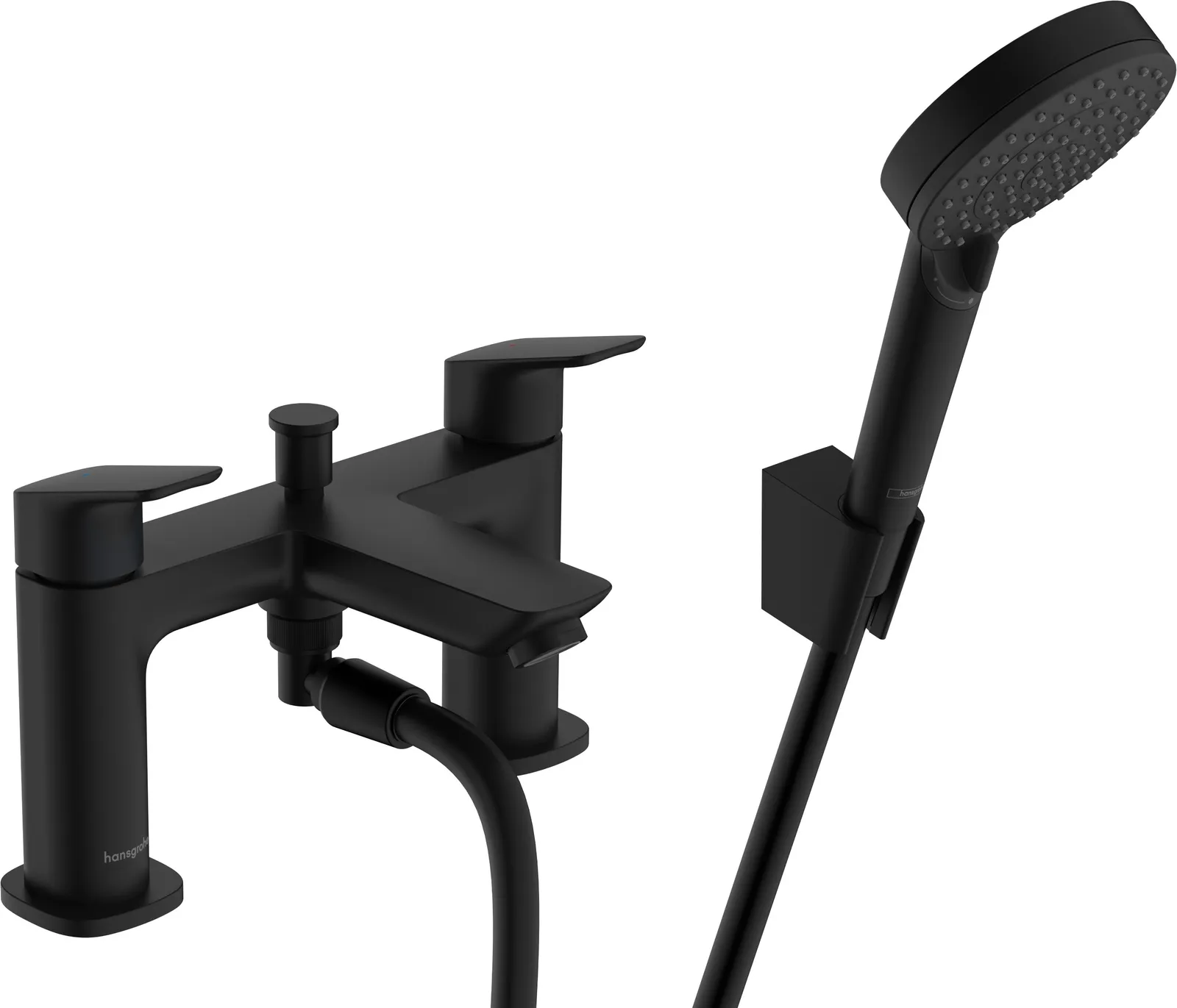 Logis Q Bath-rim mixer, 2-hole, with flow diverter and Vernis Blend hand shower Vario