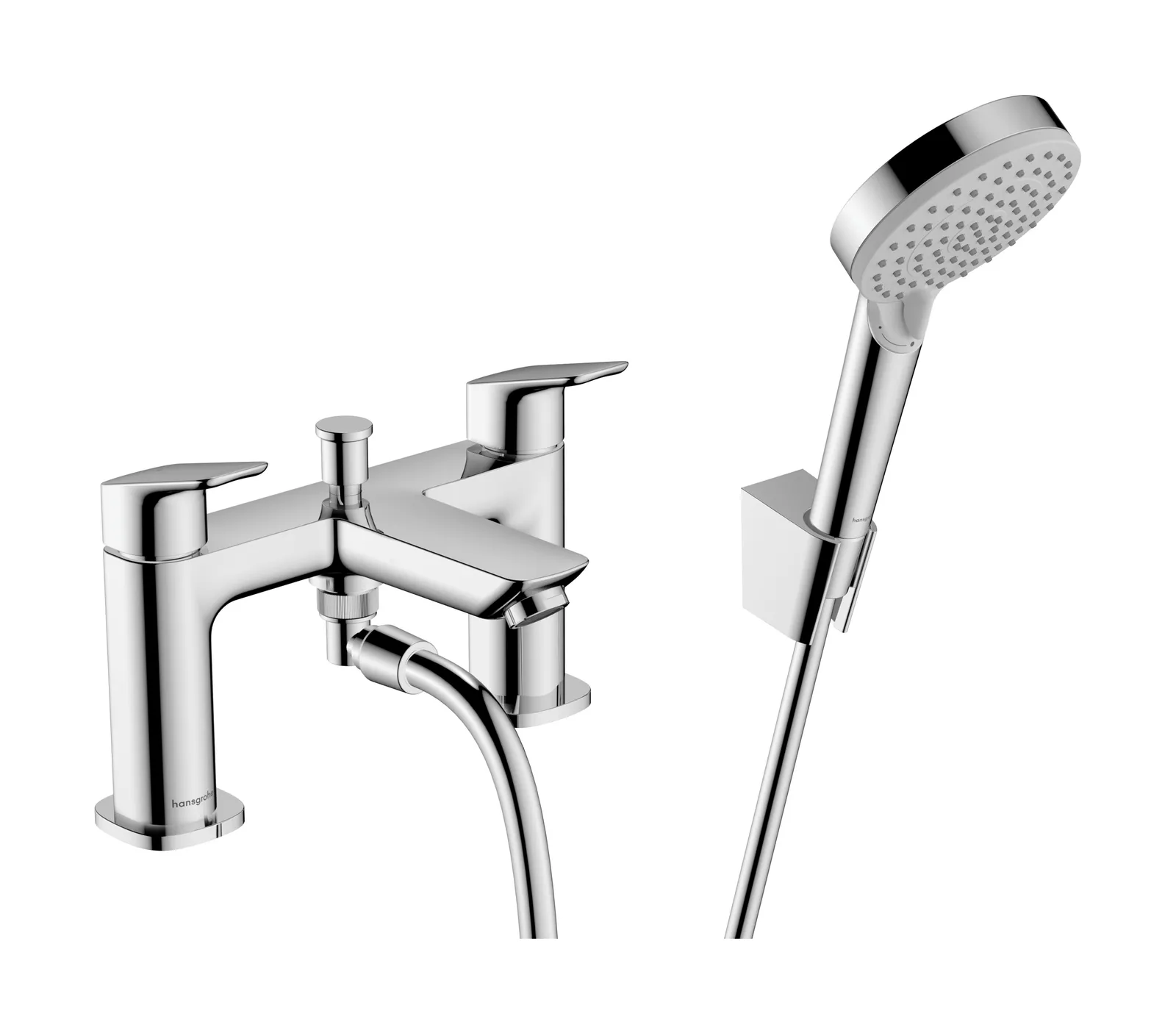 Logis Q Bath-rim mixer, 2-hole, with flow diverter and Vernis Blend hand shower Vario