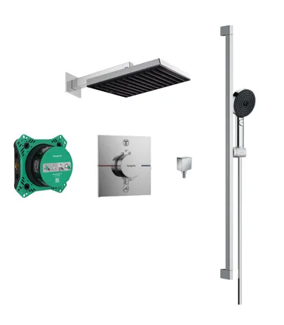 Pulsify Select S Shower system 105 3jet Relaxation with bath thermostat, shower bar 65 cm, slider and shower hose