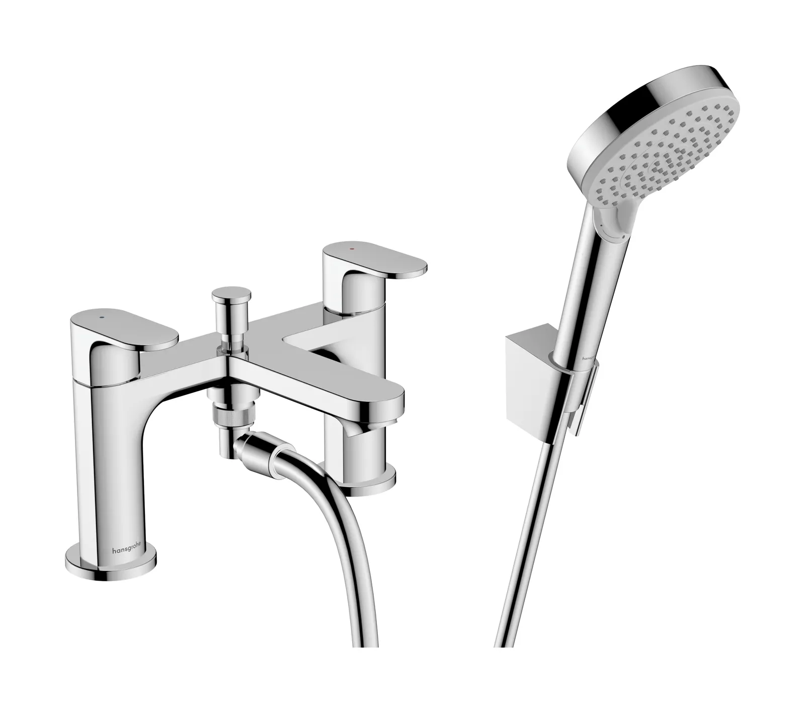 Rebris S Bath-rim mixer 2-hole with diverter and Vernis Blend hand shower Vario