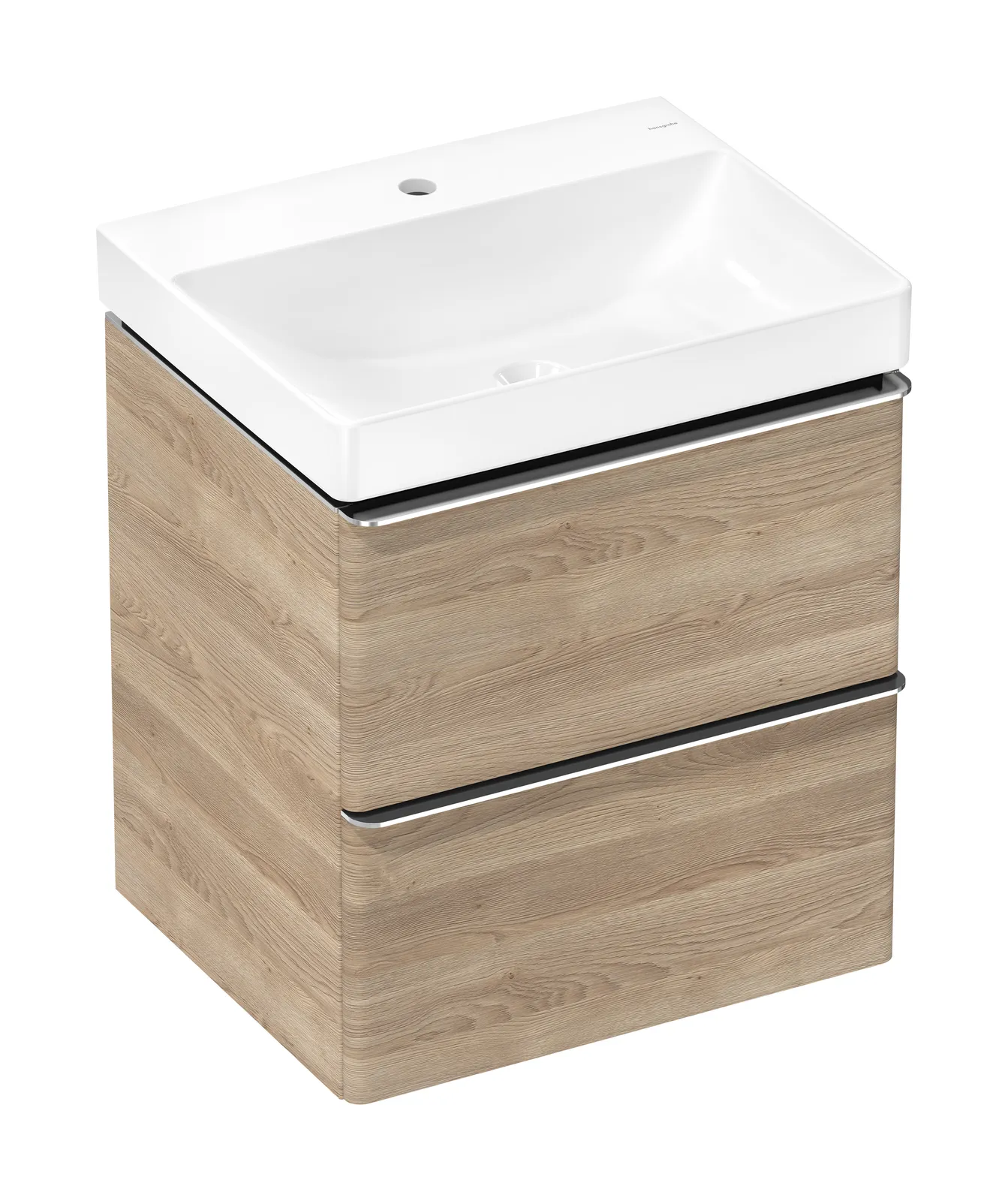 Xelu Q Lavabo tumbasi toʻplami tabiiy eman 580/475, 2 tortmali bilan, lavabo uchun