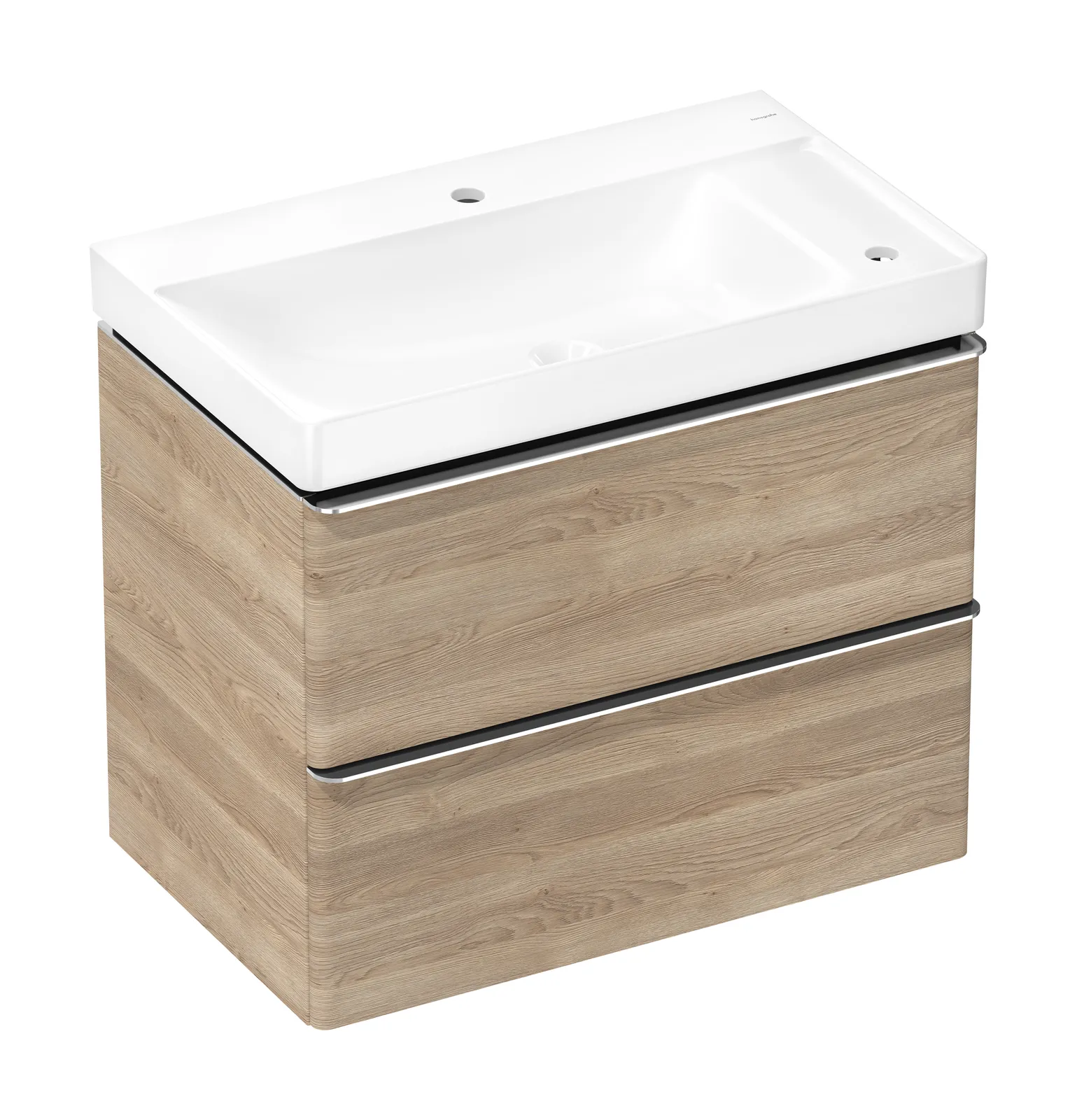Xelu Q Lavabo tumbasi toʻplami tabiiy eman 780/475, 2 tortmali bilan, lavabo bilan, oʻng tokcha